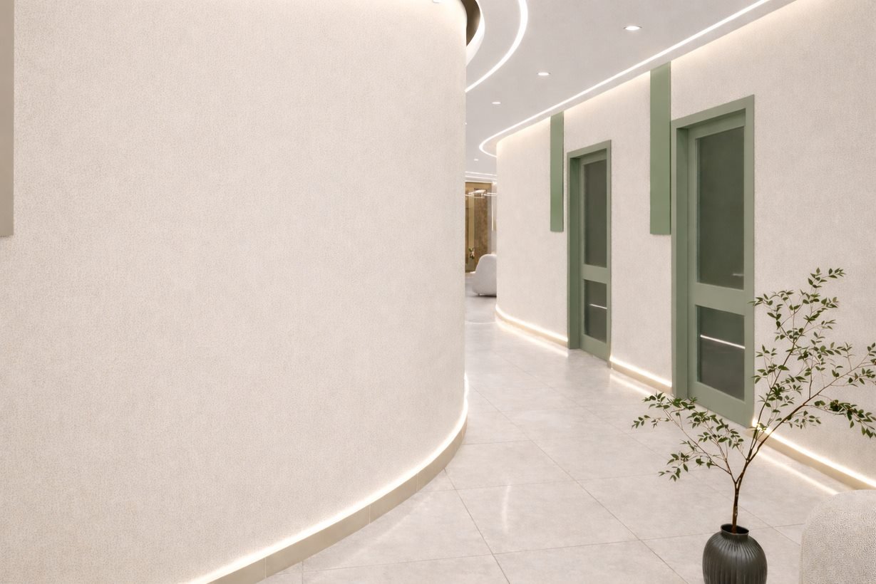 Couloir apaisant du centre, plante verte et lumière indirecte