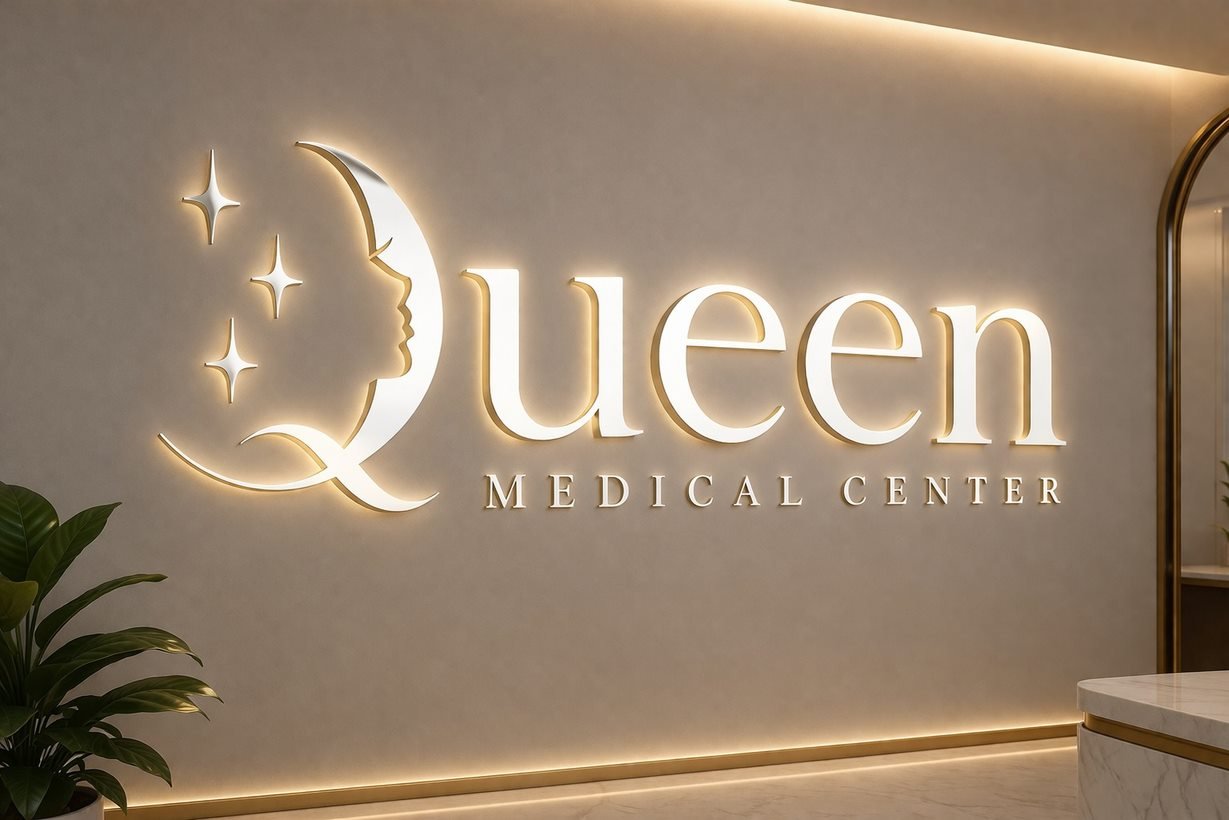 Enseigne lumineuse Queen Medical Center à l’accueil du centre