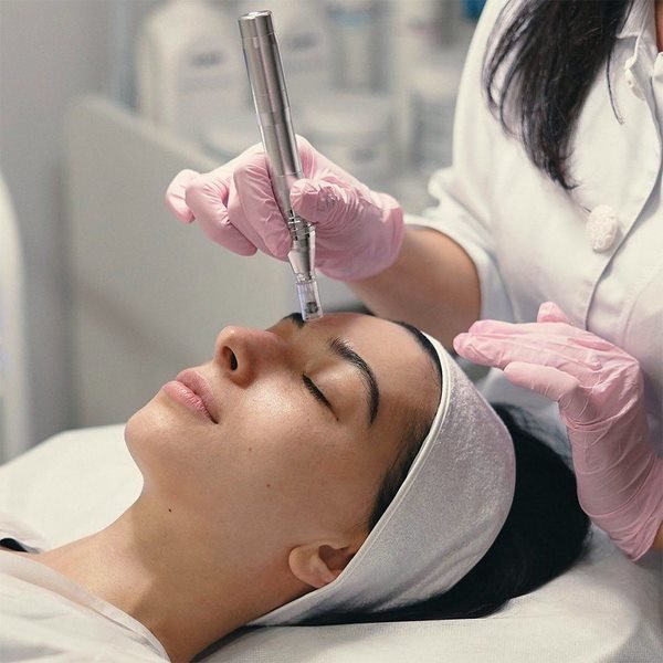 Séance de microneedling sur le visage d’une patiente