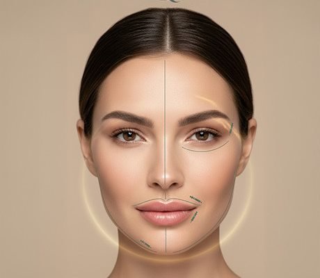 Visage féminin avec repères d’analyse des proportions